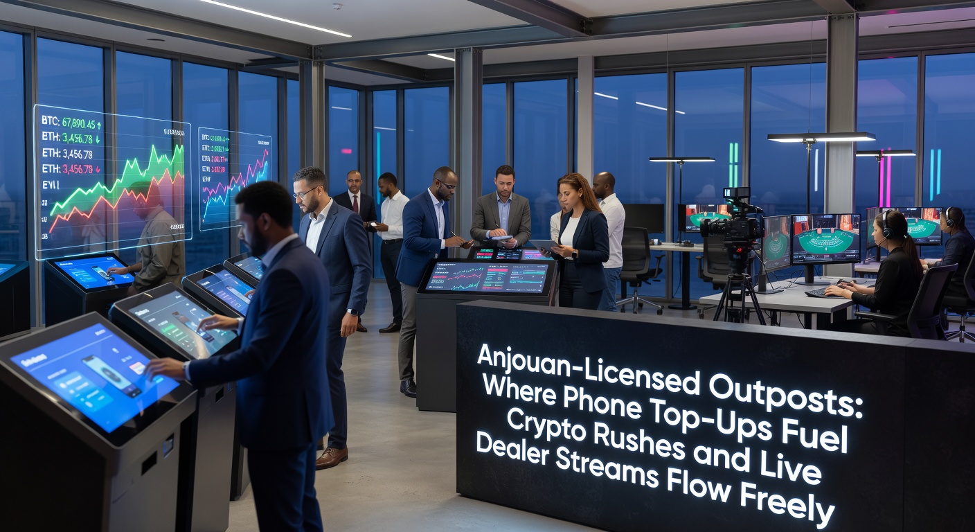 Vibrant digital interface showing phone top-up options alongside crypto wallets and live dealer blackjack tables on an Anjouan-licensed platform