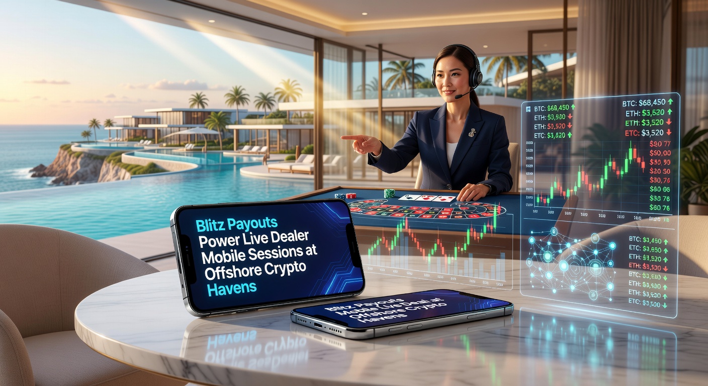 Vibrant live dealer table with mobile screens showing crypto transactions and fast payout notifications at an offshore casino platform
