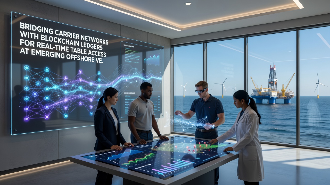 Diagram showing real-time data flow between carrier networks and blockchain ledgers at offshore gaming sites