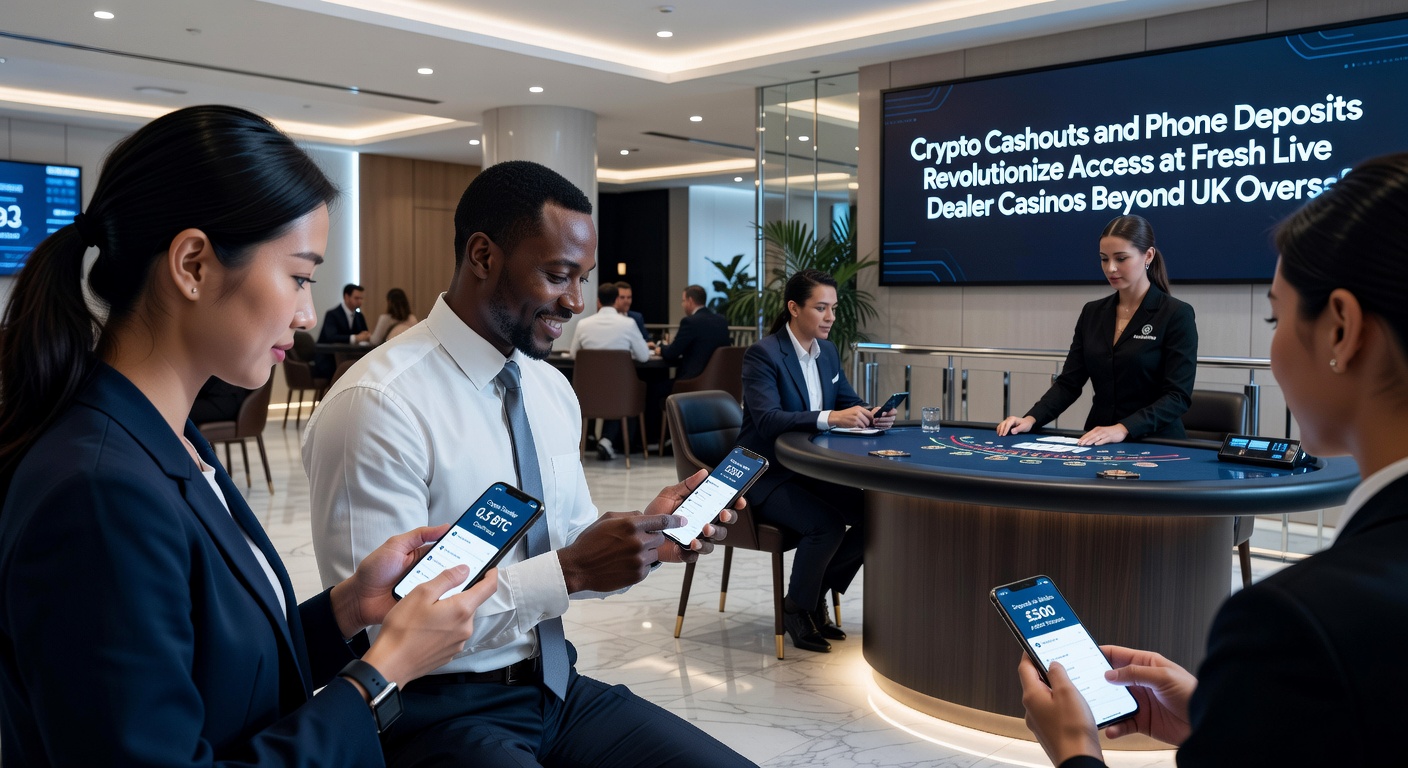 Close-up of a smartphone displaying phone bill deposit confirmation alongside a crypto wallet receiving instant cashout, set against a backdrop of live dealer blackjack action