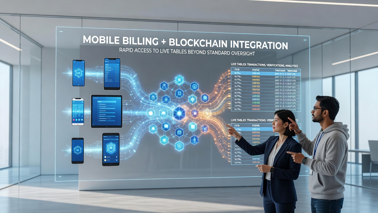 Secure blockchain network visualization connected to mobile billing icons and live casino dealer streams