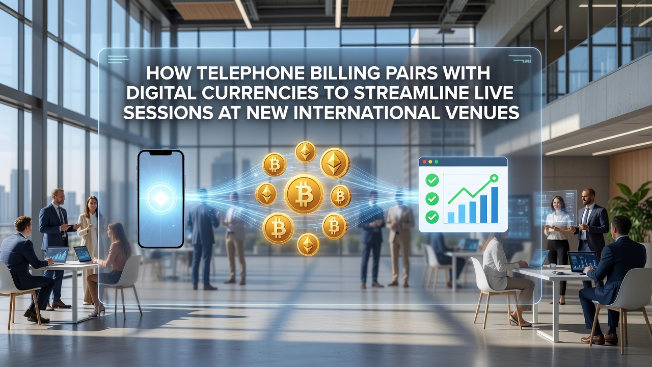 Illustration showing telephone billing icons merging with cryptocurrency symbols during live dealer sessions at international venues