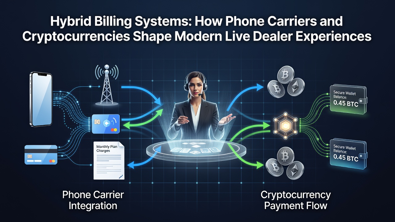 Live dealer table interface displaying real-time balance updates from hybrid phone and crypto payments