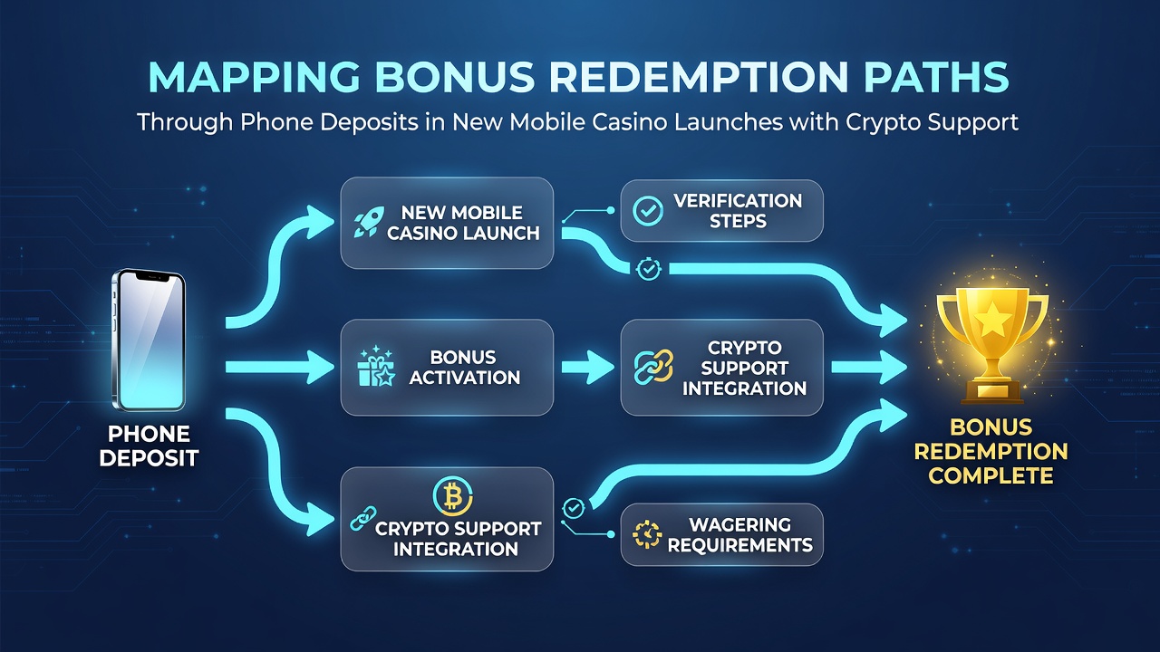 Diagram showing crypto wallet integration with phone deposit bonus redemption paths