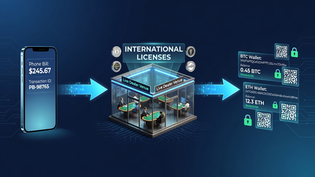 Diagram showing secure transaction flows from phone bills to crypto wallets at live dealer venues