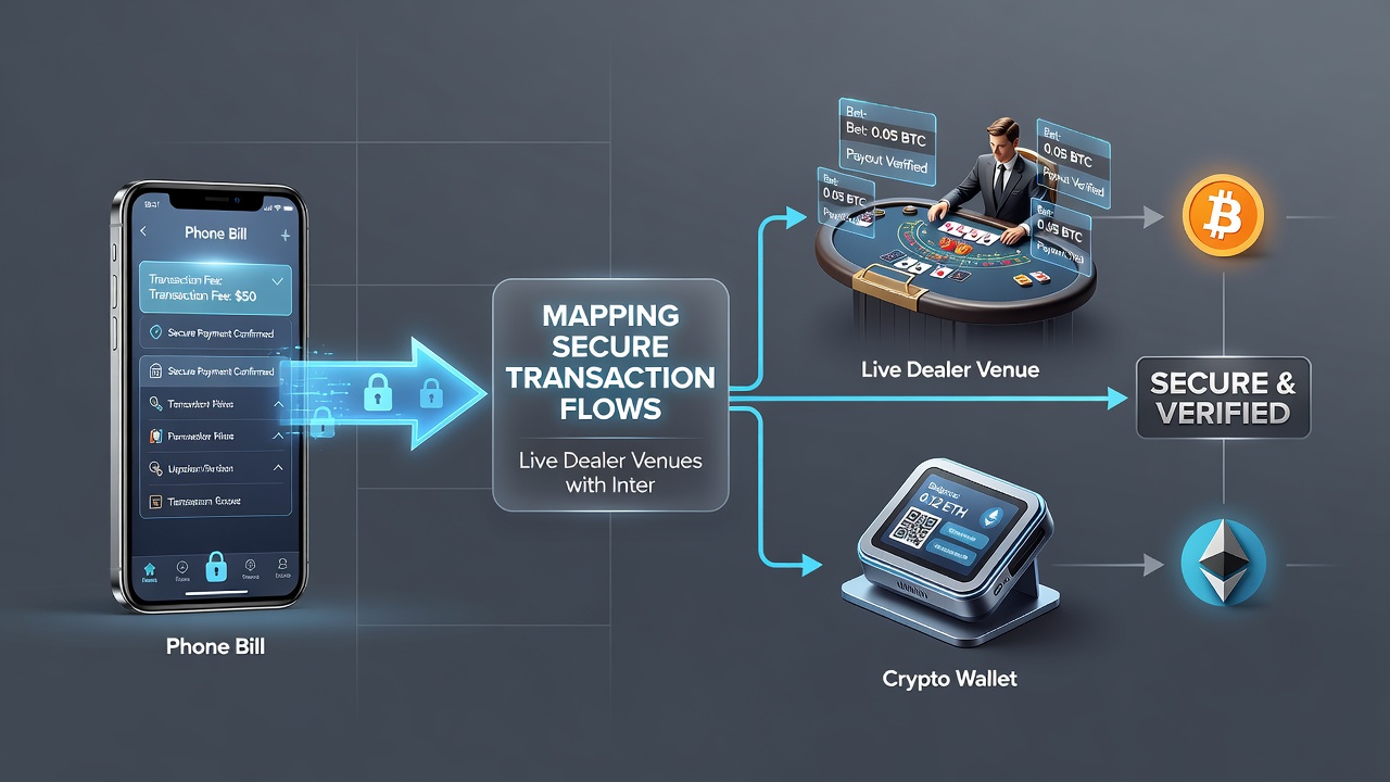 Illustration of technical mapping tools used for phone bill to crypto transactions in live dealer environments