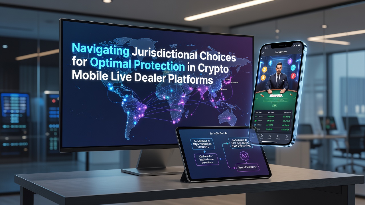 Global map highlighting jurisdictions for crypto mobile live dealer platforms with secure transaction icons