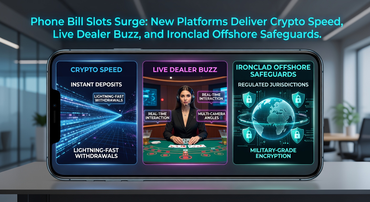 Dynamic illustration of mobile phone displaying colorful slot reels alongside cryptocurrency icons and secure vault symbols representing offshore protections