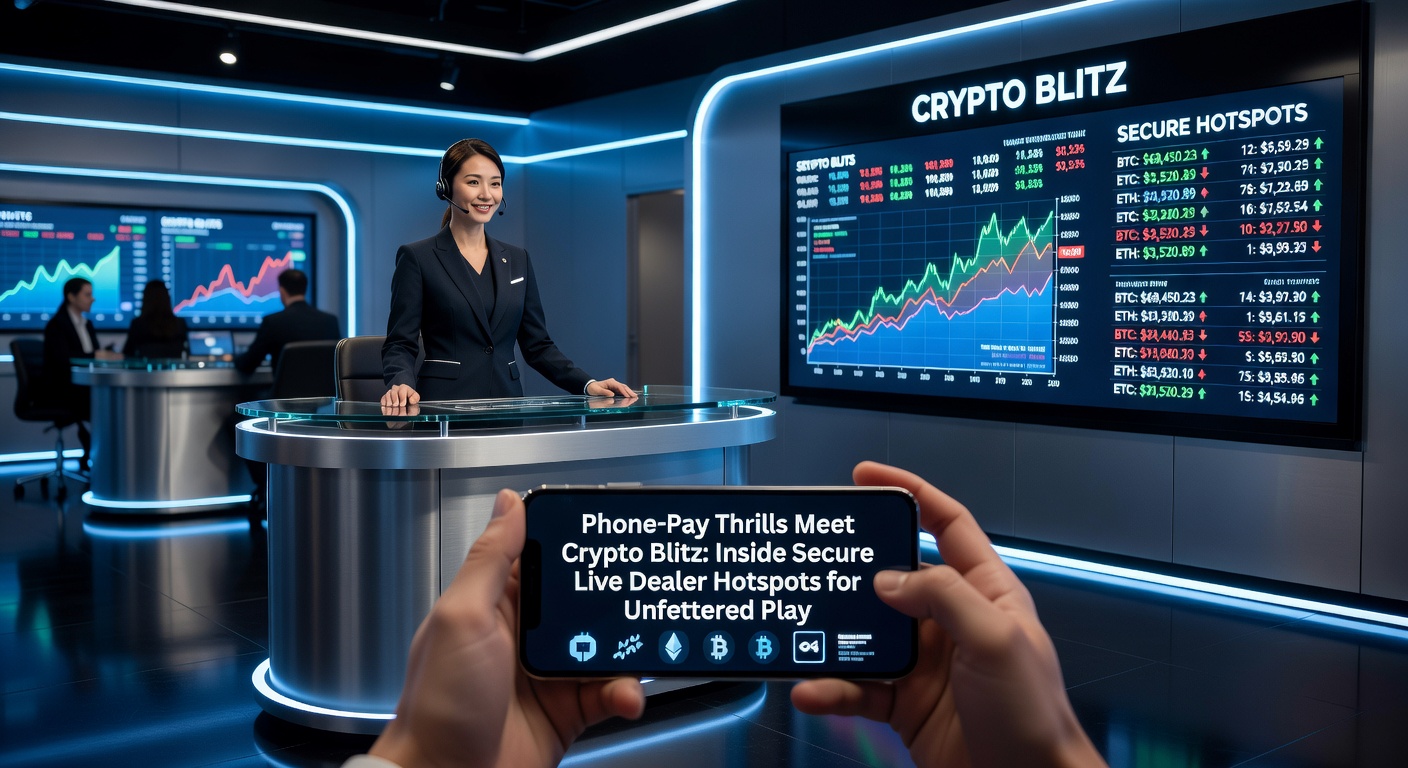 Vibrant live dealer table with phone payment icons and crypto symbols glowing in a secure digital hotspot environment