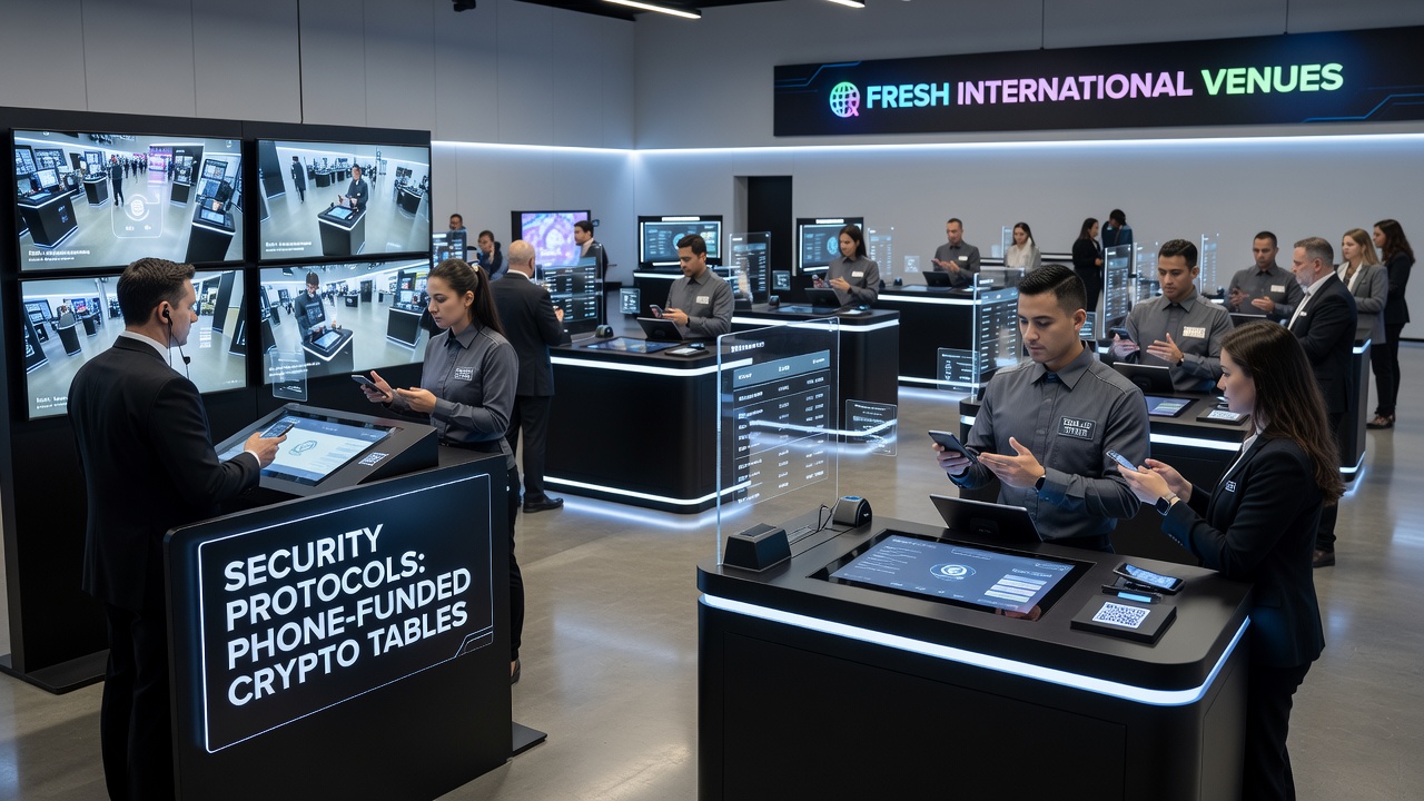 Live dealer crypto tables with phone funding options and visible security protocol indicators at international venues