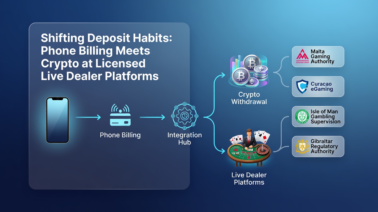 Live dealer platform interface showing phone billing deposit options alongside crypto withdrawal selections