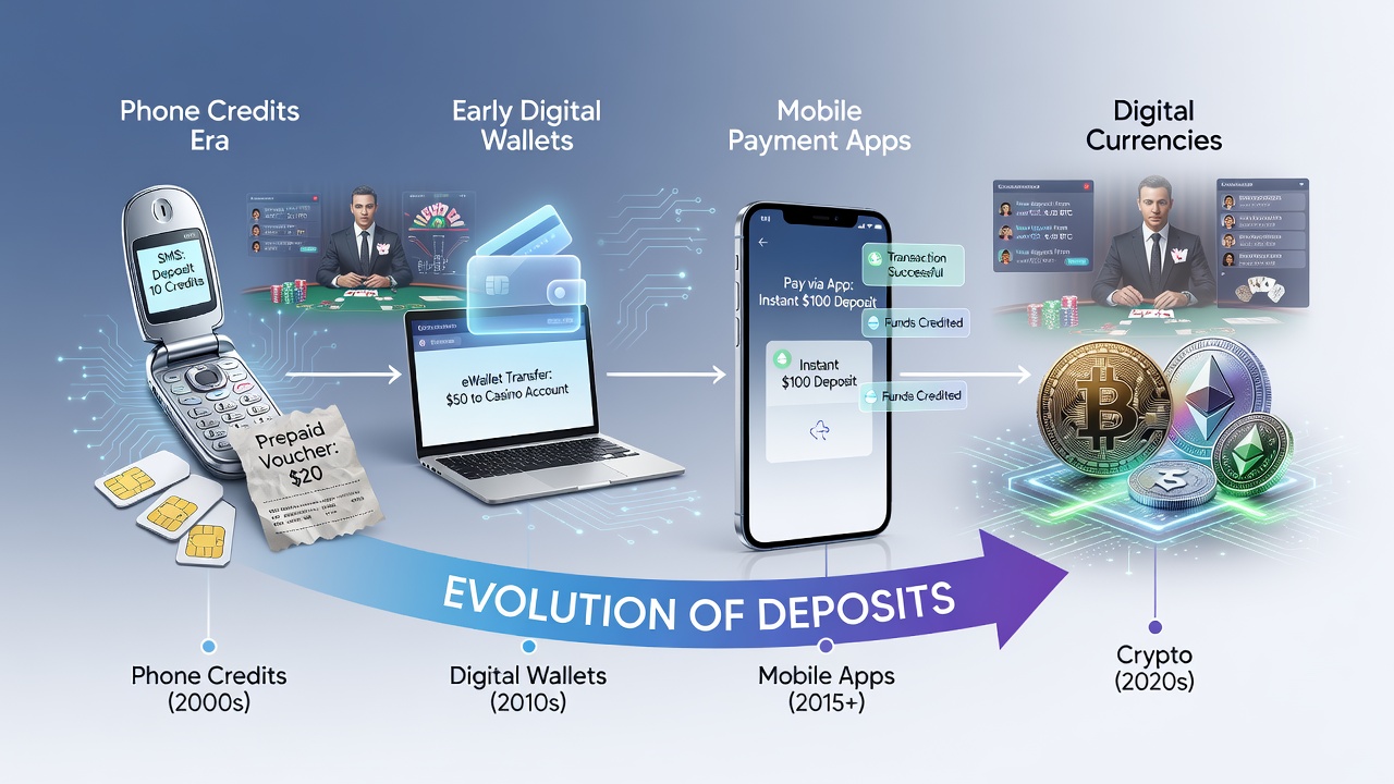 Evolution of deposit methods in live streaming casinos showing phone credits transitioning to digital currencies