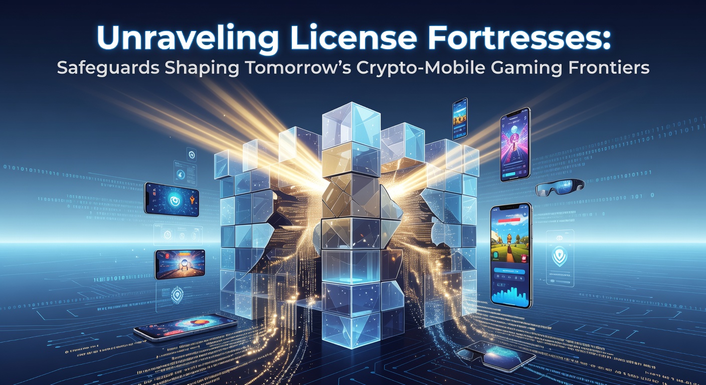 Digital fortress representing crypto gaming licenses with blockchain chains and mobile devices